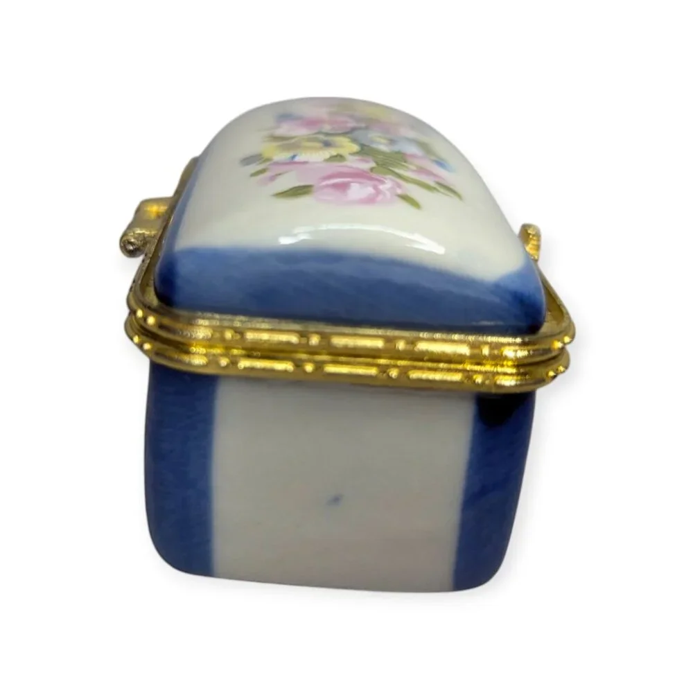 Ceramic Trinket Hinged Box Blue White Yellow and Pink 2.5